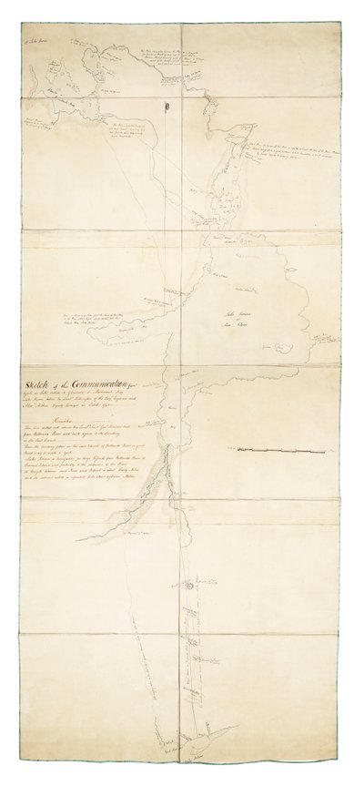Luonnos yhteydenpidosta Yorkista Ontario-järvellä Glouscesteriin [sic] tai Machidash Bayhin Huron-järvellä, jonka Roy.l Engineersin luutnantti Pilkington ja Alex.r Aitken, apulaiskartoittaja, ottivat lokakuussa 1793. tekijältä Robert Pilkington