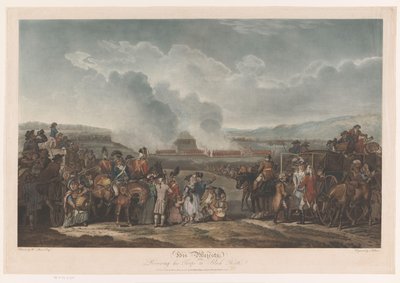 George III tarkkailee joukkojaan Blackheathissä Hänen Majesteettinsa tarkastelee joukkojaan Black Heathillä (otsikko esineessä) tekijältä Robert Pollard (I)