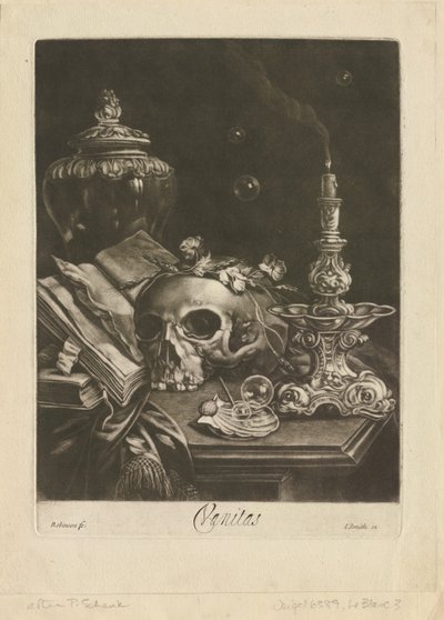 Vanitas-asetelma, n. 1685-1688 (mezzotint, jossa on polttoteos) tekijältä Robert Robinson
