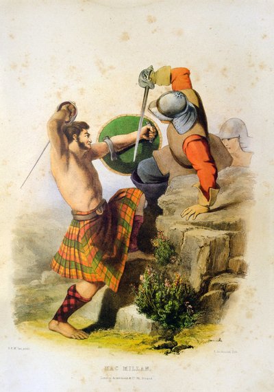 Skotlantilainen soturi Mac Millan taistelee kiltissä ja paljain jaloin miekan kanssa - Robert Ronald McIanin litografia teoksesta "The Clans of The Scottish Highlands" 1845. tekijältä Robert Ronald McIan