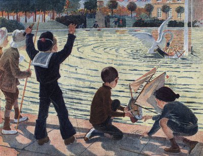 Joutsen hyökkää lapsen veneen kimppuun, joka leikki puiston altaassa toveriensa kanssa. Robert Sallesin (1871-1929) kuvitus teoksessa "" Je sais Lire"". tekijältä Robert Salles