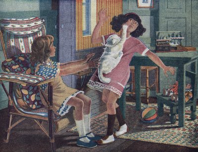 Annetten pieni kissa: valkoinen kissa kynsi ystävänsä kanssa leikkivän pienen tytön kasvoja. Robert Sallesin (1871-1929) kuvitus teoksessa "" Je sais Lire"". tekijältä Robert Salles