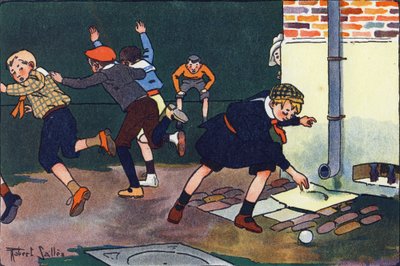Luoti seinään. Kaiverrus "" Mitä me pelaamme? E. Weberin "" Robert Sallesin (1871-1929) akvarellipiirroksilla. Librairie Garnier Freres, Pariisi tekijältä Robert Salles