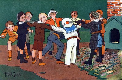 Kissa ja hiiri. Kaiverrus "" Mitä me pelaamme? E. Weberin "" Robert Sallesin (1871-1929) akvarellipiirroksilla. Librairie Garnier Freres, Pariisi tekijältä Robert Salles