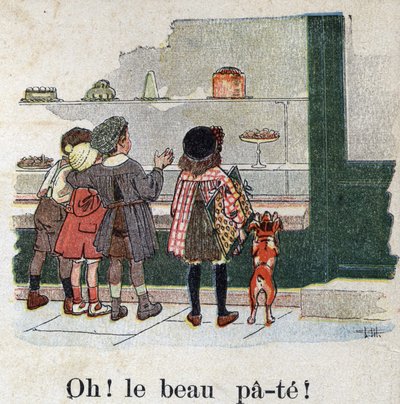 Lastenkirja "" Luen - Isän menetelmällinen ja hauska aakkoset""" 1926. Kuvitus Robert Salles (1871-1929). "Vai niin! Hieno taikina!” . Gourmet-lapset pysähtyvät leipomon ikkunan edessä. tekijältä Robert Salles