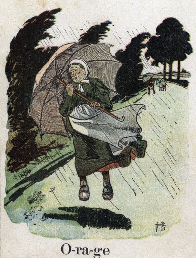 Lastenkirja "" Luen - Isän menetelmällinen ja hauska aakkoset""" 1926. Kuvitus Robert Salles (1871-1929). "" Myrsky"": nainen sateessa suojassa sateenvarjonsa kanssa. tekijältä Robert Salles