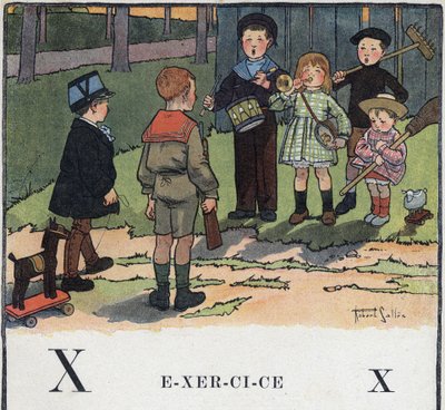 Lastenkirja "" Luen - Isän menetelmällinen ja hauska aakkoset""" 1926. Kuvitus Robert Salles (1871-1929). Abecedary: kirjain X harjoituksena. Lapset leikkivät armeijaa. tekijältä Robert Salles