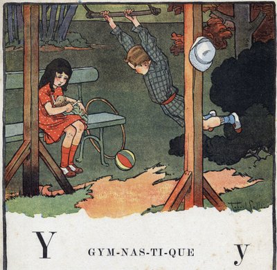 Lastenkirja "" Luen - Isän menetelmällinen ja hauska aakkoset""" 1926. Kuvitus Robert Salles (1871-1929). Abecedary: Y-kirjain voimisteluna. Poika trapetsi, kun tyttö leikkii nukkea. tekijältä Robert Salles