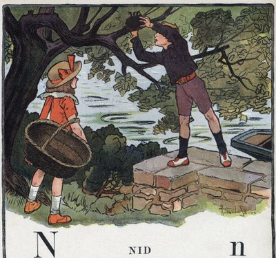 Lastenkirja "" Luen - Isän menetelmällinen ja hauska aakkoset""" 1926. Kuvitus Robert Salles (1871-1929). Abecedary: kirjain N pesänä. Poika ottaa puuhun rakennetun pesän. tekijältä Robert Salles