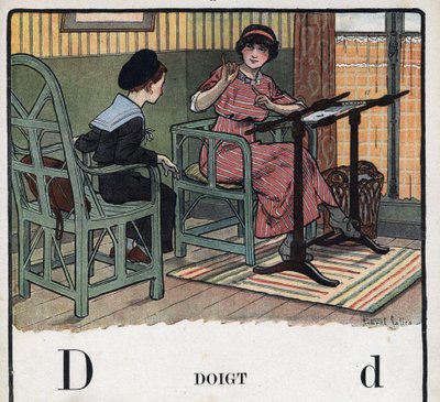 Lastenkirja "" Luen - Isän menetelmällinen ja hauska aakkoset""" 1926. Kuvitus Robert Salles (1871-1929). Abecedary: D-kirjain sormena. Äiti selittää pojalleen kirjonta. tekijältä Robert Salles