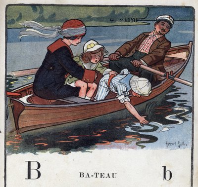 Lastenkirja "" Luen - Isän menetelmällinen ja hauska aakkoset""" 1926. Kuvitus Robert Salles (1871-1929). Abecedaire: kirjain B veneenä. Perhe veneessä lähtee kävelylle. tekijältä Robert Salles