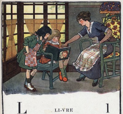 Lastenkirja "" Luen - Isän menetelmällinen ja hauska aakkoset""" 1926. Kuvitus Robert Salles (1871-1929). Abeedary: kirjain L kirjana. Äiti opettaa tyttärensä lukemaan. tekijältä Robert Salles