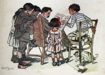 Lastenkirja "" Luen - Isän menetelmällinen ja hauska aakkoset""" 1926. Kuvitus Robert Salles (1871-1929). Perheen isä opettaa lapsia lukemaan. tekijältä Robert Salles
