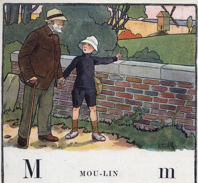 Lastenkirja "" Luen - Isän menetelmällinen ja hauska aakkoset""" 1926. Kuvitus Robert Salles (1871-1929). Abecedaire: M-kirjain Moulinina. Poika kävelee isoisänsä kanssa. Hän osoittaa tuulimyllylle. tekijältä Robert Salles