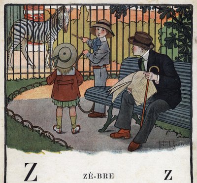 Lastenkirja "" Luen - Isän menetelmällinen ja hauska aakkoset""" 1926. Kuvitus Robert Salles (1871-1929). Abecedaire: kirjain Z Zebrenä. Lapset katsovat vanteella seepraa eläintarhassa. tekijältä Robert Salles