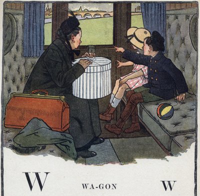Lastenkirja "" Luen - Isän menetelmällinen ja hauska aakkoset""" 1926. Kuvitus Robert Salles (1871-1929). Abecedaire: W-kirjain vaununa. Kaksi lasta äitinsä kanssa matkustaa junan hytissä. tekijältä Robert Salles