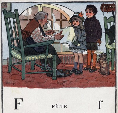 Lastenkirja "" Luen - Isän menetelmällinen ja hauska aakkoset""" 1926. Kuvitus Robert Salles (1871-1929). Abecedaire: F-kirjain Fete. Tyttö ja poika tarjoavat lahjoja isoisänsä juhliin. tekijältä Robert Salles
