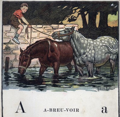 Lastenkirja "" Luen - Isän menetelmällinen ja hauska aakkoset""" 1926. Kuvitus Robert Salles (1871-1929). Abecedary: kirjain A juomavedenä. Kaksi hevosta juo vettä. tekijältä Robert Salles