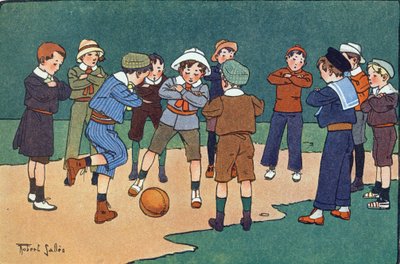 Saksalainen pallo (peli, jota pelataan kädet ristissä). Kaiverrus "" Mitä me pelaamme? E. Weberin "" Robert Sallesin (1871-1929) akvarellipiirroksilla. Librairie Garnier Freres, Pariisi tekijältä Robert Salles