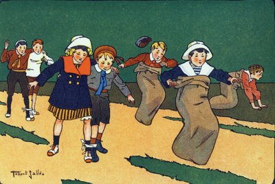 Laukkukilpailu. Kaiverrus "" Mitä me pelaamme? E. Weberin "" Robert Sallesin (1871-1929) akvarellipiirroksilla. Librairie Garnier Freres, Pariisi tekijältä Robert Salles