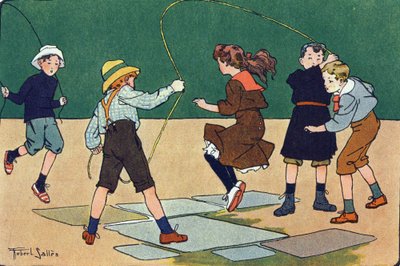 Hypyssä on köysi. Kaiverrus "" Mitä me pelaamme? E. Weberin "" Robert Sallesin (1871-1929) akvarellipiirroksilla. Librairie Garnier Freres, Pariisi tekijältä Robert Salles