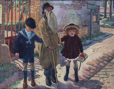 Sokean keppi: kaksi lasta auttaa sokeaa vanhaa miestä kävelemään. Robert Sallesin (1871-1929) kuvitus teoksessa "" Je sais Lire"". tekijältä Robert Salles