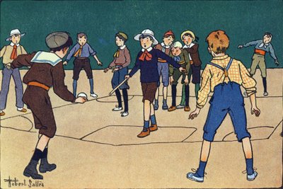 Theque (joukkuepeli pallolla ja mailalla). Kaiverrus "" Mitä me pelaamme? E. Weberin "" Robert Sallesin (1871-1929) akvarellipiirroksilla. Librairie Garnier Freres, Pariisi tekijältä Robert Salles