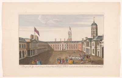 Gezicht op de Upper Castle Yard Dublinin linnassa Upper Castle Courtin mahdollisuus Dublinin neuvoston kamarista (esineessä oleva otsikko) tekijältä Robert Sayer (possibly)