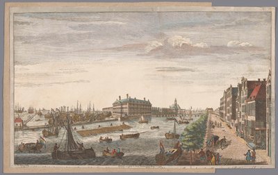 Gezicht op het Admiraliteitsmagazijn te Amsterdam Näkymä Amsterdamin amiraliteetista, siihen kuuluvista kauppataloista, laitureista ja telakoista sekä East India Company of Hollandista (otsikko esineessä) tekijältä Robert Sayer (possibly)