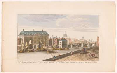 Näkymä tullitalolle ja Essex-sillalle Liffey-joen yli Dublinissa Mahdollisuus tulla Custom Houselle ja Essex Bridgelle, Dublinissa (otsikko esineessä) tekijältä Robert Sayer (possibly)