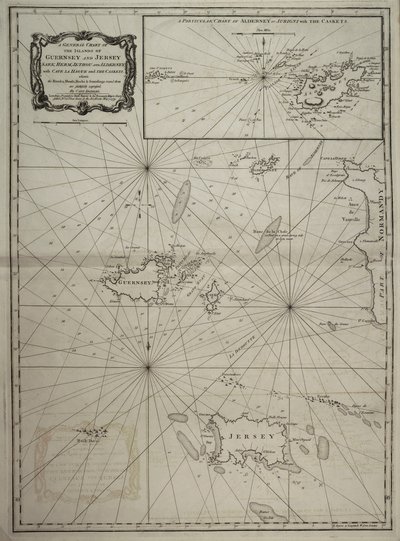 Guernseyn ja Jerseyn, Sarkin, Hemin, Jethoun ja Alderneyn saarten yleiskartta sekä Cape la Haagin ja Casketsin saaret. tekijältä Robert Sayer