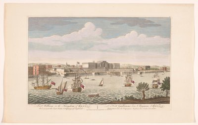 Näkymä Fort Williamiin Kalkutassa Fort William Bengalin valtakunnassa. Kuuluu East India Company of Englandiin (otsikko esineessä) VOC-ratkaisut (sarjan nimi) tekijältä Robert Sayer