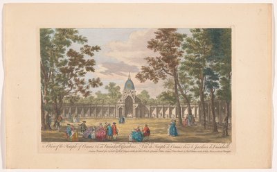 Gezicht op de Temple of Comus Vauxhall Gardens te Londenissa Näkymä Comuksen temppelille jne. Vauxhall Gardensissa (otsikko esineessä) Ranelagh Gardens ja Vauxhall Gardens (sarjan nimi) tekijältä Robert Sayer