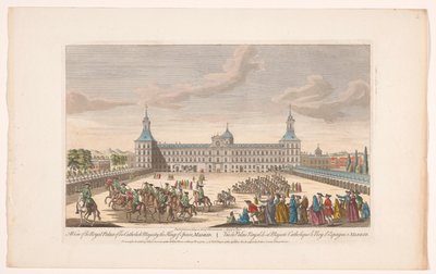 Näkymä Madridin kuninkaallisesta palatsista Näkymä hänen katolisen majesteettinsa, Espanjan kuninkaan, Madridin kuninkaallisesta palatsista (otsikko esineessä) Madrid ja Lissabon (sarjan nimi) tekijältä Robert Sayer