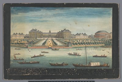 Näkymä Royal Hospital Chelseasta ja Rotundasta Lontoon Ranelagh Gardensissa Näkymä Chelsean kuninkaallisesta sairaalasta ja Rotundasta Ranelaigh Gardensissa (otsikko esineessä) Lontoo (sarjan nimi) tekijältä Robert Sayer