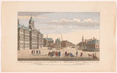 Näkymä Amsterdamin kaupungintalolle palomiesten kanssa Dam-aukiolla Näkymä Stad Housesta ja Amsterdamin palon sammutusmoottoreista (otsikko esineessä) Hollanti (sarjan nimi) tekijältä Robert Sayer
