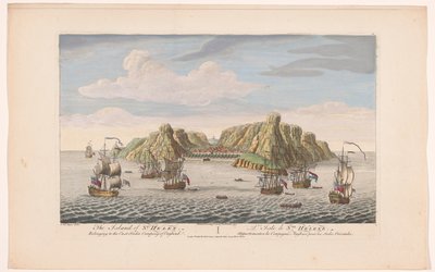 Näkymä Saint Helenan saarelle St Helenin saari. Kuuluu East India Company of Englandiin (otsikko esineessä) VOC-ratkaisut (sarjan nimi) tekijältä Robert Sayer