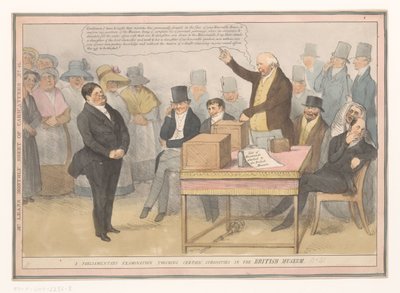 Kohdealue British Museumissa Parlamentin tarkastus, joka koskettaa tiettyjä omituisuuksia British Museumissa (otsikko esineessä) Karikatyyrien kuukausilehti nro 41. (otsikko esineessä) tekijältä Robert Seymour (possibly)