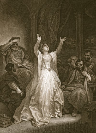 Anne Boleynin tuomitseminen, kaiverrettu George Noble, kuvitus David Humen teoksesta Englannin historia, pub. R. Bowyer, Lontoo, 1812 tekijältä Robert Smirke