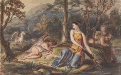 Diana, metsästyksen jumalatar, satyyrien, nukkuvan Cupidon ja Pegasuksen kanssa metsäisessä maisemassa tekijältä Robert Smirke