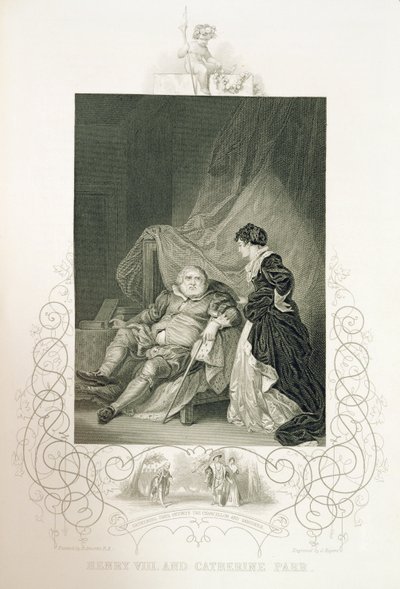 Henrik VIII ja Katariina Parr William Shakespearen (1564-1616) näytelmässä Henrik VIII eli "Kaikki on totta", kaiverrettu J. Rogersin toimesta. tekijältä Robert Smirke