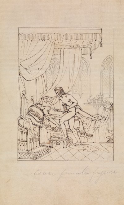 Estudo de uma mulher dormindo em seu quarto e um homem de pé sobre seu bedfinnish tekijältä Robert Smirke