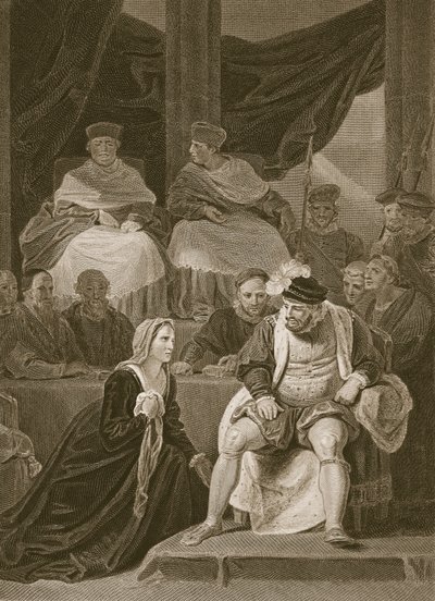 Henrik VIII:n avioliitto-oikeudenkäynti, kaiverrettu T. Hollowayn toimesta, kuvitus David Humen teoksesta 