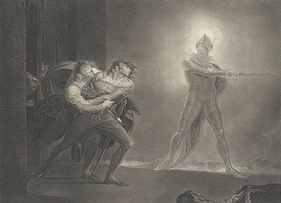 Hamlet, Horatio, Marcellus ja haamu Shakespeare, Haml..., julkaistu ensimmäisen kerran 1796, julkaistu uudelleen 1852. tekijältä Robert Thew