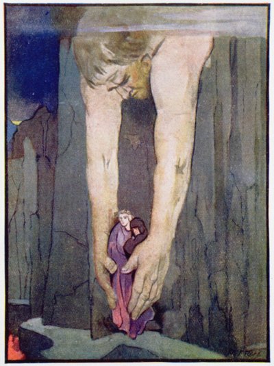 Antaeus laskee Virgiluksen ja Danten helvetin viimeisellä kehällä, n. 1910 (värilitho) tekijältä Robert Traill Rose