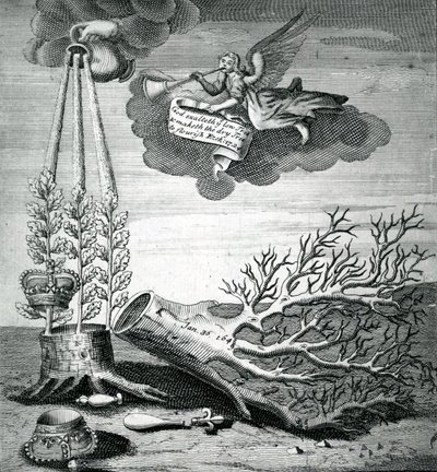 Tunnuskuva, joka viittaa Kaarle I:n teloitukseen ja Stuartin jälkeläiseen, 1715 tekijältä Robert Vaughan