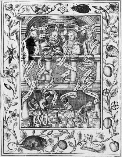 Suuret alkemistit innoittavat laboratoriotyöskentelyyn Theatrum Chemicum Britannicum -teoksesta, 1652. tekijältä Robert Vaughan
