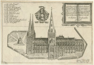 Lichfieldin katedraali - South View: kuparilevykaiverrus ja [1600-luku] tekijältä Robert Vaughan