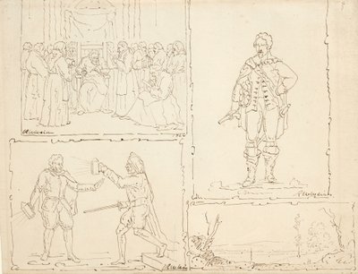 Neljä luonnosta, 1824 (kynä ja ruskea muste kiillotetulla paperilla) tekijältä Robert Walter Weir