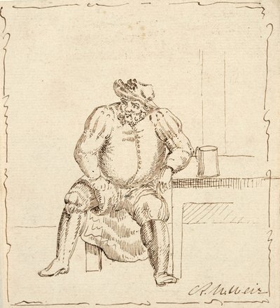 Piirros istuvasta miehestä mukin kanssa, mahdollisesti Falstaff tekijältä Robert Walter Weir